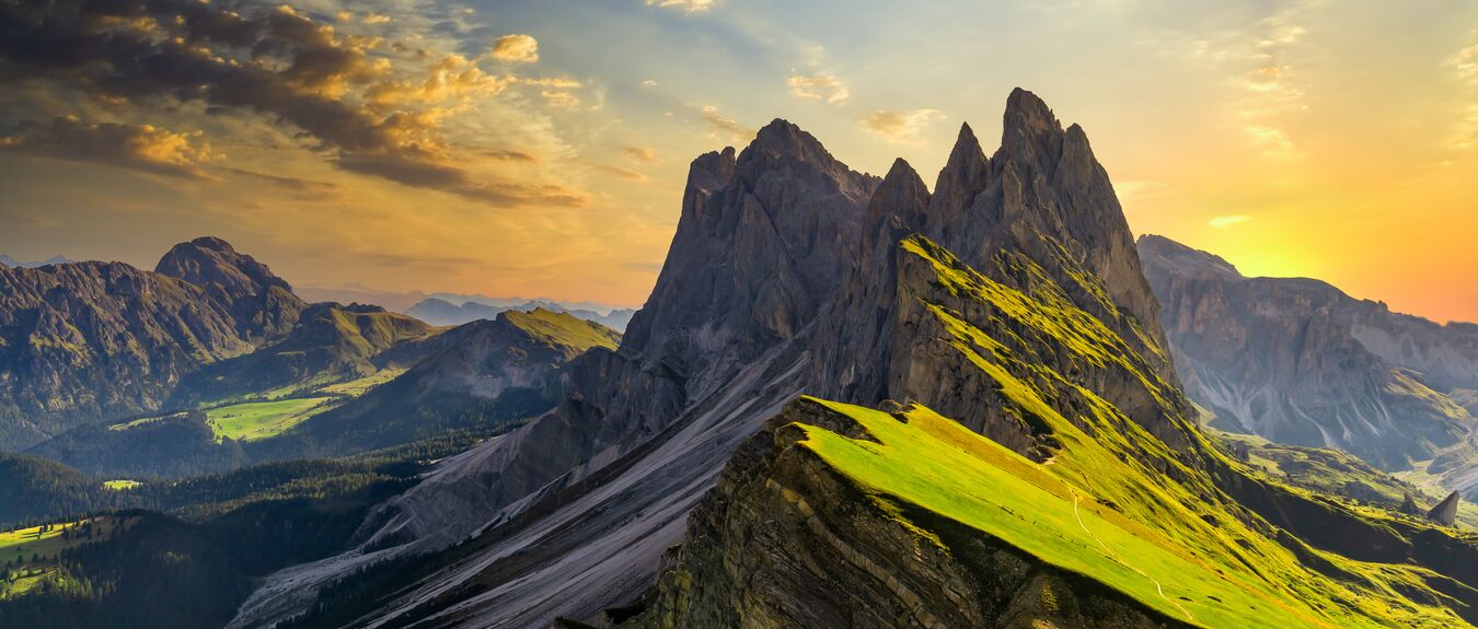 "Seceda peak, Trentino Alto Adige, Dolomites Alps, South Tyrol, Italy, Europe. Odle mountain range, Val Gardena, Majestic Furchetta peak, Italian dolomites."