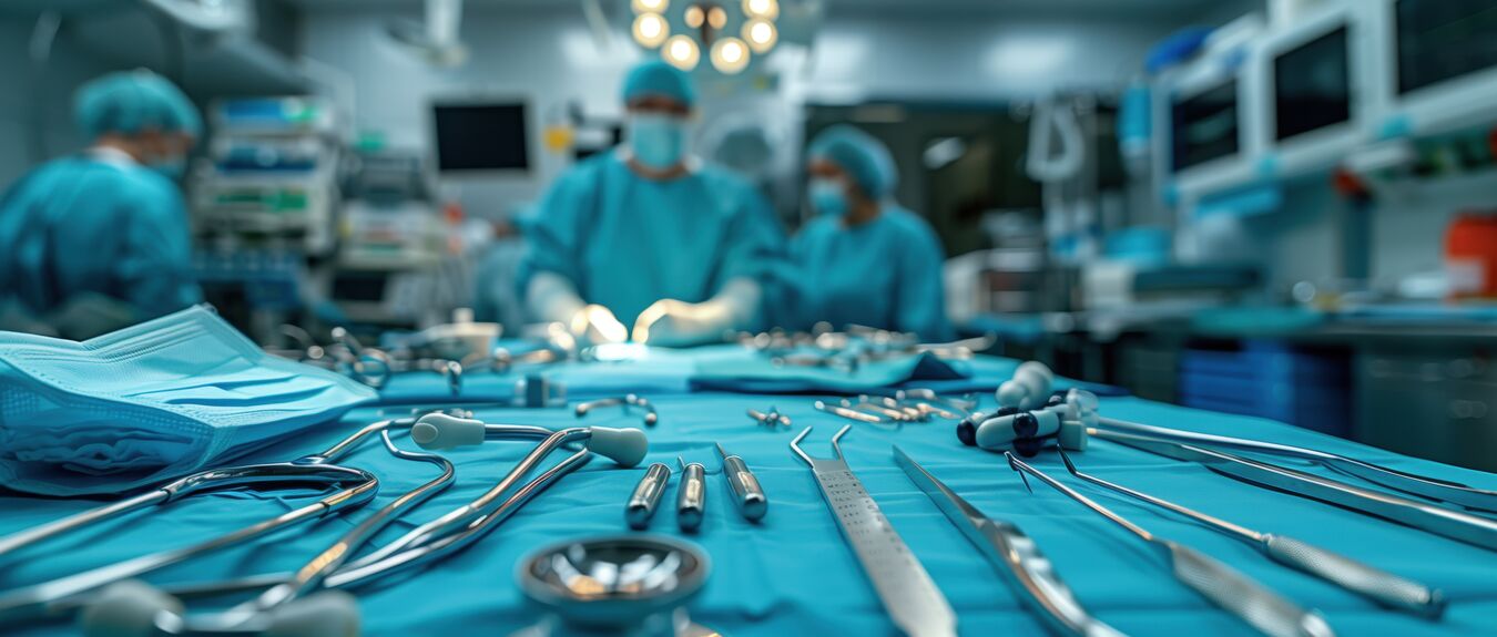 Surgical Instruments in Operating Room. View of surgical instruments laid out on a blue table in an operating room with medical staff in the background preparing for surgery.