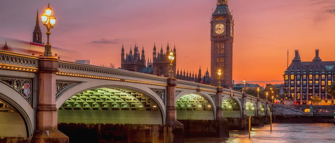 The Westminster Bridge, London's River Thames and Famous London symbol of The Elizabeth Tower or known as Big Ben and the House of Parliament after sunset. Big Ben and House of Parliament in n London, England, The United Kingdom.