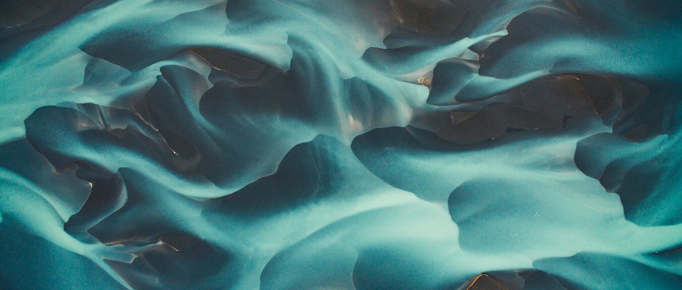 Aerial drone view of a huge riverbed and delta, glacial river system transporting deposits from the Vatnajokull glacier, Iceland