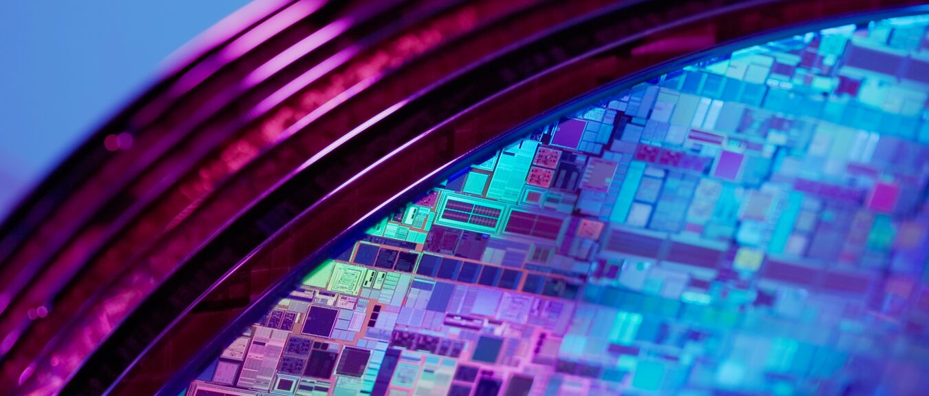 Macro of many silicon Wafer with semiconductors in box inside clean room